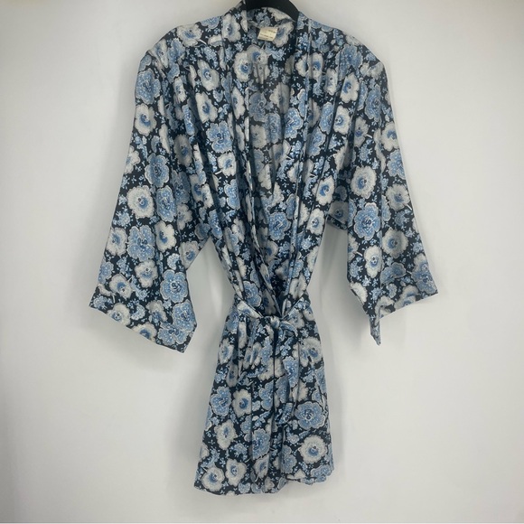 Vintage 90s Saks Fifth Avenue Natori Large Blue Floral Satin Robe Lingerie Sexy - Picture 1 of 5